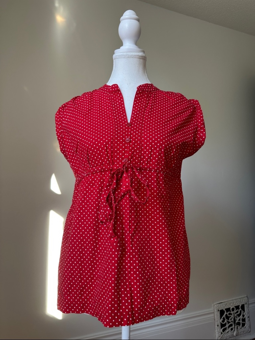 TIARA Y2K Red Polka Dot Preppy Western Cottage Short Sleeve Babydoll Top Size 8